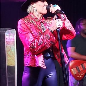 PU Red Leather jacket with gold embellishments and studs NFR WORTHY